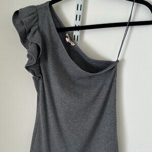 Rebecca Taylor One Sleeve Ribbed Blue Ruffle Tank